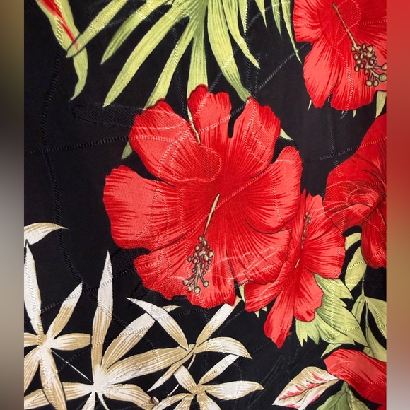 Susan Lawrence XL Tropical Floral Sleeveless Blouse Made USA Black Red Hibiscus - Picture 4 of 5